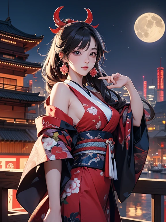 (Highest quality、masterpiece、High resolution、8K)、Vibrant colors、Japanese Nebuta Festival、Digital Art、City of night、full moon、