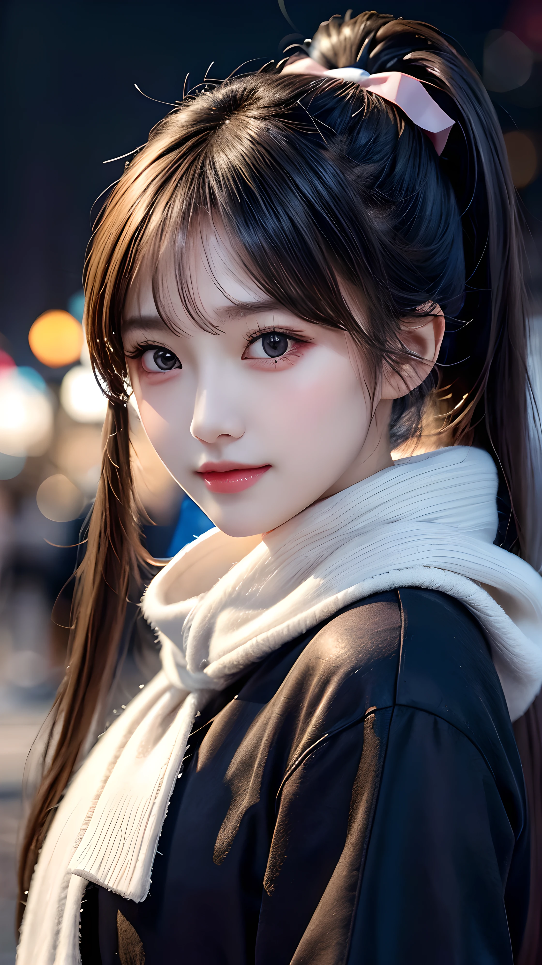 blush,long hair ponytail,big ribbon in her hair,(8K, Raw photo, best quality, muste piece:1.2), (Reality, photorealistic:1.4), (Highly detailed 8K wallpaper), Tits sharp focus, Depth of bounds written, cinematic lighting, soft light, detailed beauty eye,Shiny and smooth light brown ponytail, asymmetrical bangs, shiny skin, super detailed skin ,high resolution, high detail, detailed hairstyle, detailed beauty face, hyper real, perfect limbs, perfect anatomy ,1 Japanese girl,famous japanese idol, perfect female body,shy smile,short eyelashes,double-edged eyelids,look straight here,Hair style is ponytail,wear a ribbon, office,long ponytail hairstyle,Wearing scrunchies,wearing a long coat,The Street,stand straight and pose,So that the whole body can be seen,winter,warm clothes,look straight at me,wearing a scarf,It's snowing,european cityscape,cobblestone road,European churches can be seen in the background,in front of a church in europe,night time,illumination is shining