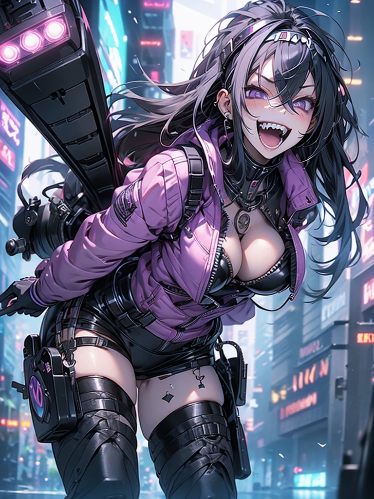 woman、Early 20s、cyber punk、Wicked Smile、Black Hair、Long Hair、Multicolored Hair、Purple Eyes、breast enhancement、sexy、Exposed breasts and genitals、Tight combat suit、hold a gun in one hand