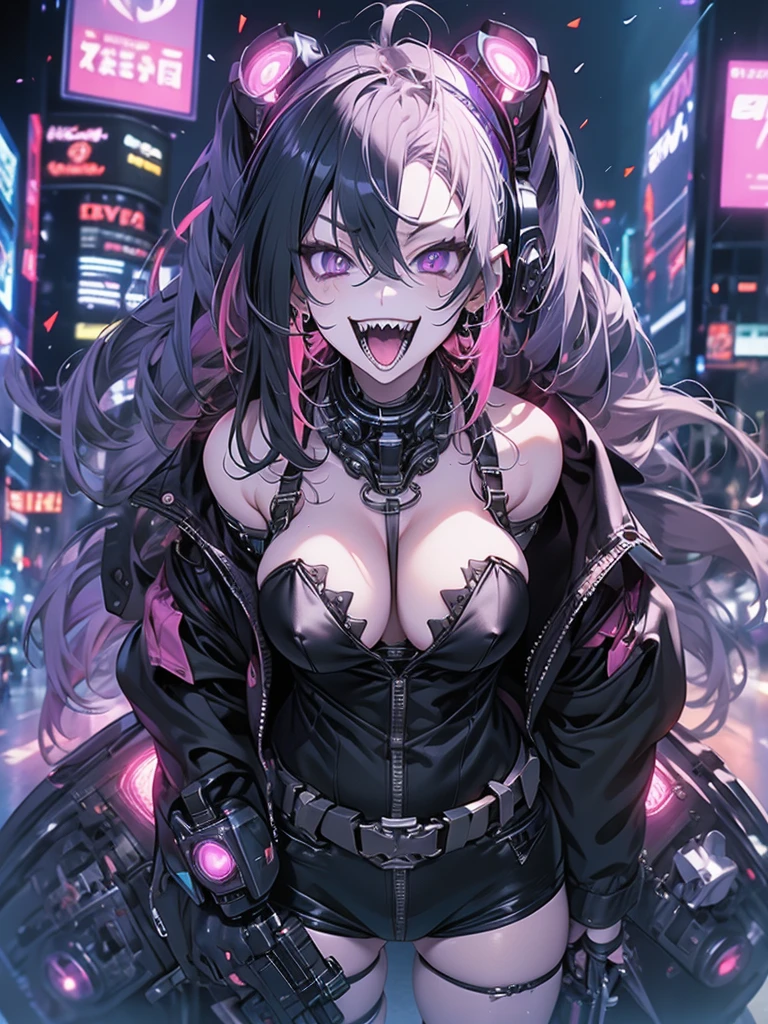 woman、Early 20s、cyber punk、Wicked Smile、Black Hair、Long Hair、Multicolored Hair、Purple Eyes、breast enhancement、sexy、Exposed breasts and genitals、Tight combat suit、hold a gun in one hand