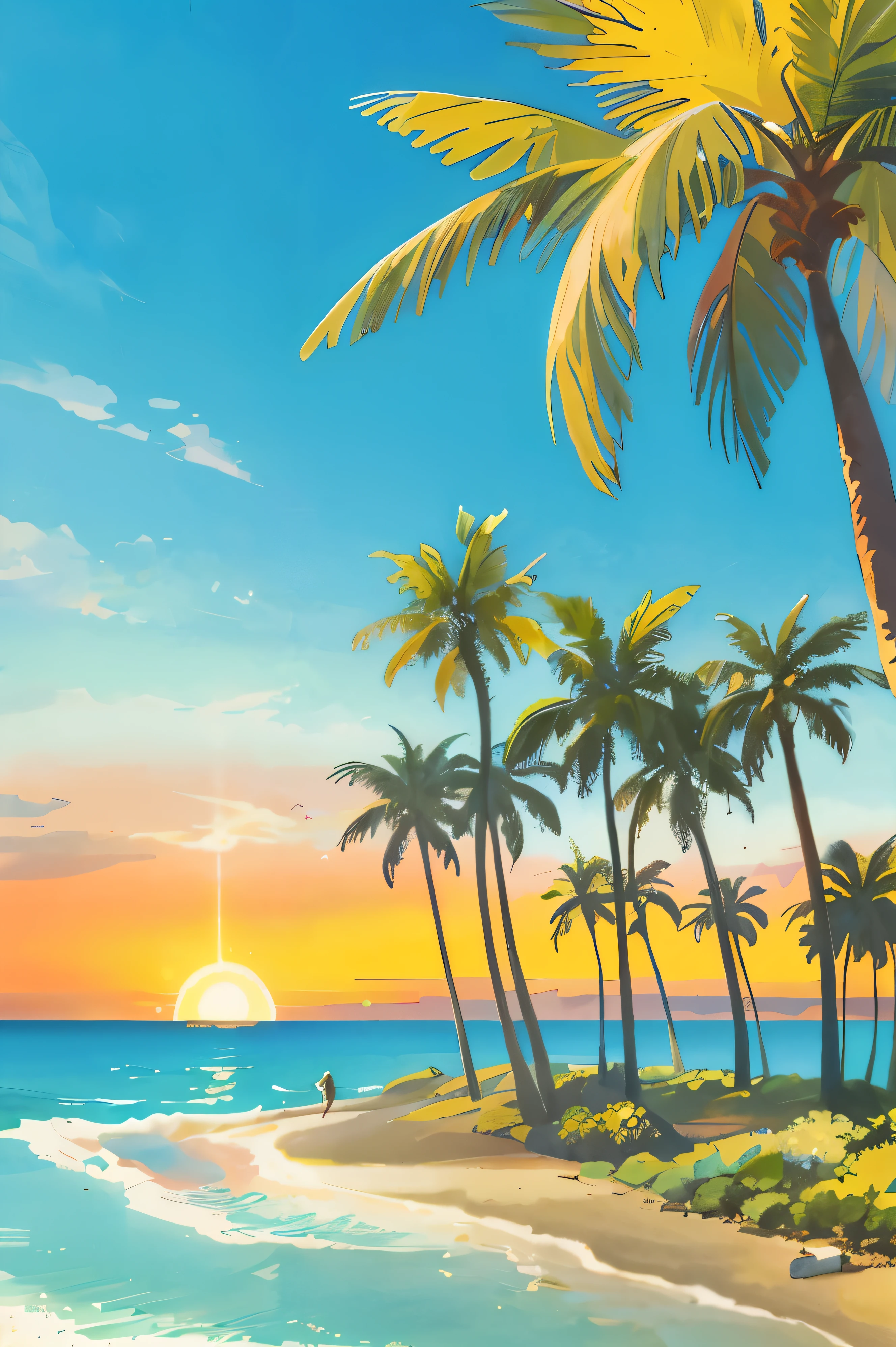 masterpiece, best quality, 1970s,  California landscape in the background, palm trees sway gently in the gentle breeze, Hand drawn illustrations, Retro concept, Warm colors, The sun sets over the horizon.