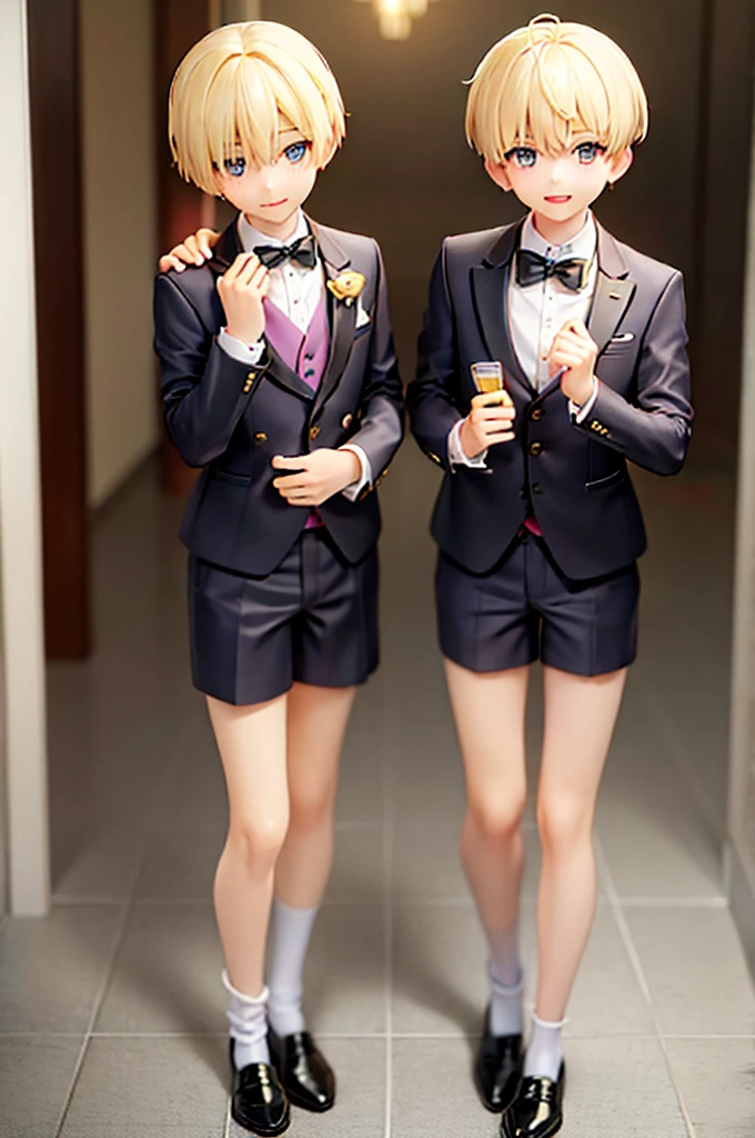 Two boys,twins,Blonde,Shorts,Formal attire,Short Hair,smile