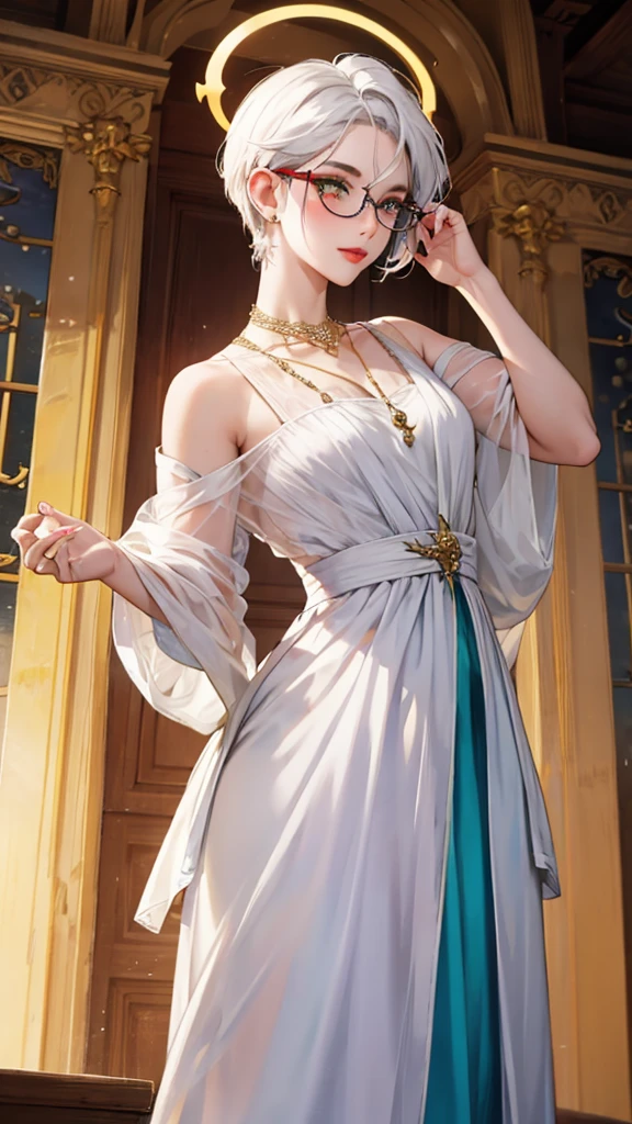 8k, masterpiece, best quality, highly detailed, 1 girl, tiefling, warlock, multicolored hair, very short straight hair green highlight hair on white hair, strippled hair, wearing glasses, round glasses, earrings, red eyeshadow, long eyelashes, blushed cheek, red lips, necklace, rings, collarbone, mole, glamorous, white and gold clothing, smirk, fullbody view, rings, looking at viewer, demon horns, solo, royal dress, palace, blue pale moon, standing, tattoo, halo, celestial, radiance, elegant dress, divine sigil.