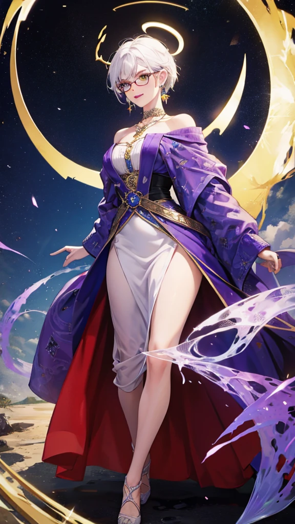 8k, masterpiece, best quality, highly detailed, 1 girl, tiefling, warlock, multicolored hair, very short straight hair green highlight hair on white hair, strippled hair, wearing glasses, round glasses, earrings, red eyeshadow, long eyelashes, blushed cheek, red lips, necklace, rings, collarbone, mole, glamorous, white and gold clothing, smirk, fullbody view, rings, looking at viewer, demon horns, solo, royal dress, palace, blue pale moon, standing, tattoo, halo, celestial, radiance, elegant dress, divine sigil.