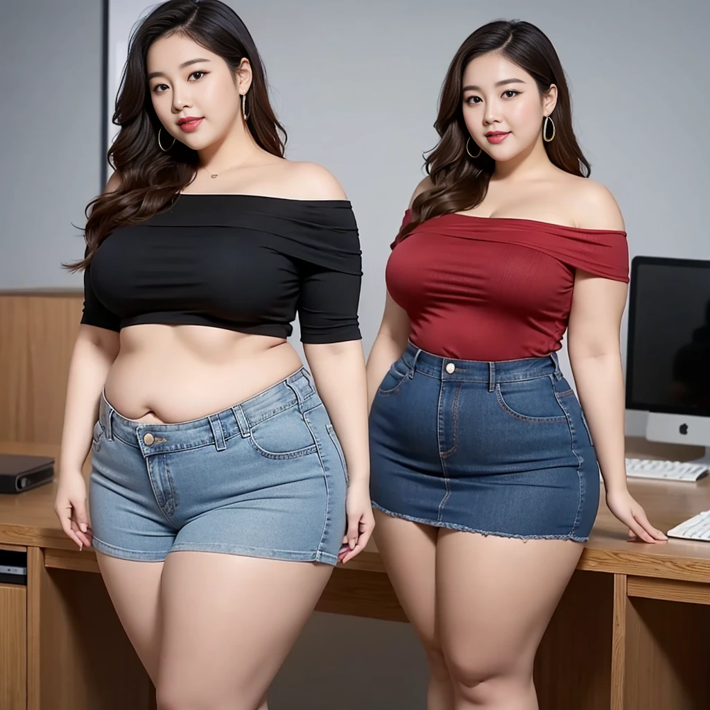 ((best quality, 8K, masterpiece: 0.8)), Fat woman smiling ((best quality)), ((masterpiece)), (detailed), Perfect face, Fat Chinese woman wearing a dark red shirt and blue denim skirt, Thickness, She has a round fat belly, bbw酱, Wear tight and sexy clothes, Thin waist and thick hips, Widest hips, Her belly is fat and round, Soft curves, hyperPractical full figure, Wearing a cute top, Wide hips, Off-the-shoulder design,Bare belly,(BIG ASS:0.7),Showing legs,, Thickness, Beautiful plump women, Beautiful curvy women,, High and tall,Clear curve details, Curvy hourglass figure, Attractive plus size model, bbw酱, Full figure, Curved model, Curvy body, (full-body shot)blush, 1girll fat , Mature women, , Golden Ratio,(Korean Idol),(White and tender skin:),High quality background, HD, Practical, HDR. office,Half sitting at the desk