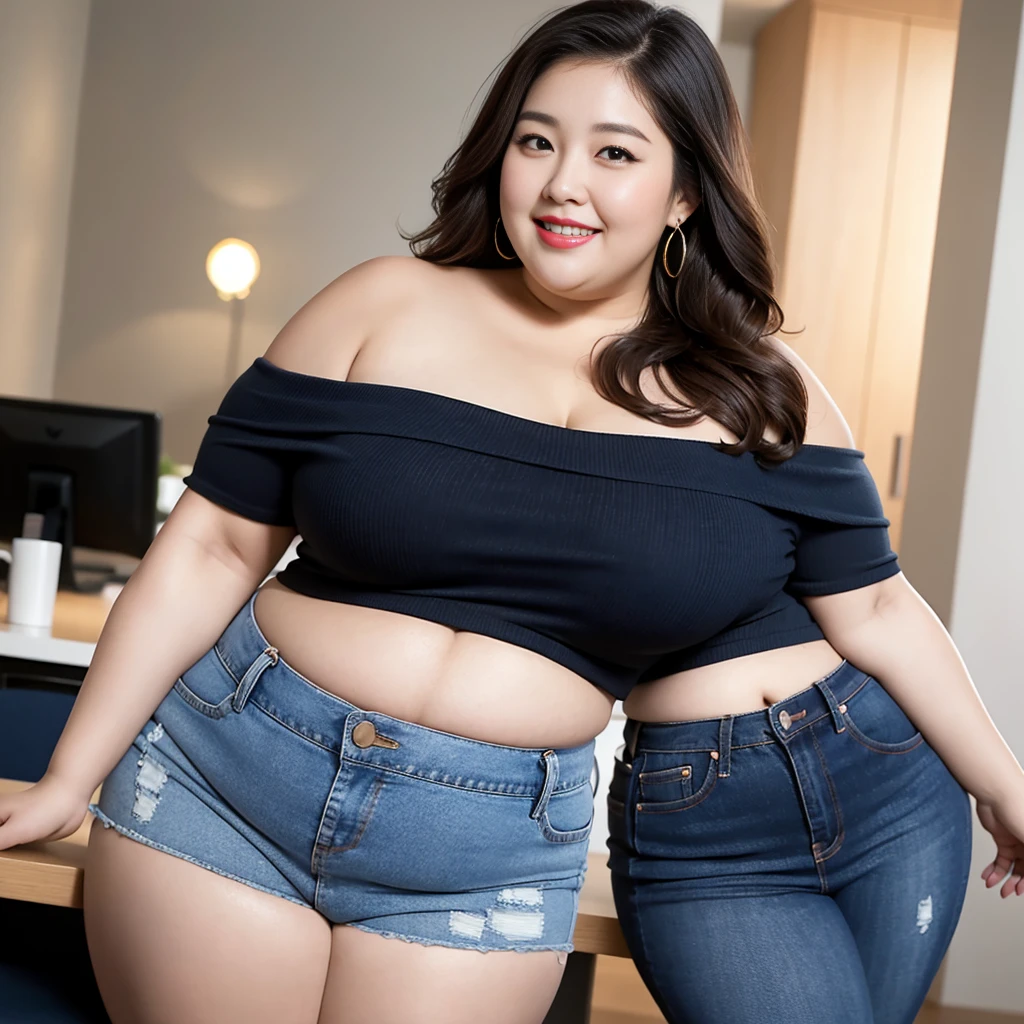 ((best quality, 8K, masterpiece: 0.8)), Fat woman smiling  ((best quality)), ((masterpiece)), (detailed), Perfect face, Fat Chinese woman wearing a dark red shirt and blue denim skirt, Thickness, She has a round fat belly, bbw酱, Wear tight and sexy clothes, Thin waist and thick hips, Widest hips, Her belly is fat and round, Soft curves, hyperPractical full figure, Wearing a cute top, Wide hips, Off-the-shoulder design，Bare belly,(BIG ASS:0.7),Showing legs,, Thickness, Beautiful plump women, Beautiful curvy women,, High and tall，Clear curve details, Curvy hourglass figure, Attractive plus size model, bbw酱, Full figure, Curved model, Curvy body, （full-body shot）blush, 1girll fat , Mature women, , Golden Ratio,(Korean Idol),(White and tender skin:),High quality background, HD, Practical, HDR. office，Half sitting at the desk