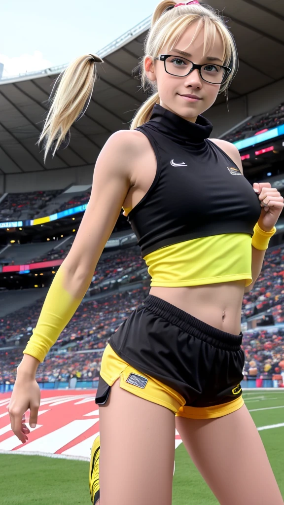 beautiful girl runner, , Prepare to practice running, Lean over to tie your shoelaces..........................., Blond hair, Ponytail, bangs, Smile a little..........................., Wear glasses, ((Wear a sleeveless sports bar..........................., turtleneck, black and yellow shorts, (underboob))), The abdomen has sexy lines..........................., yellow running shoes, in the stadium stands, anime, high-res