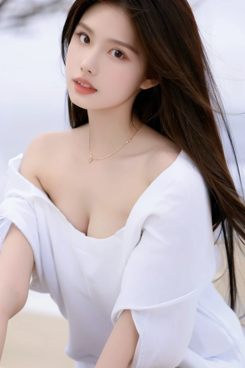 Beautiful woman with perfect body:1.4,Prominent cleavage,Layered Hairstyle,Highly detailed face and skin textures,Double eyelids,Skin Whitening,Long hair,Whitened long legs,Half-breasted dress