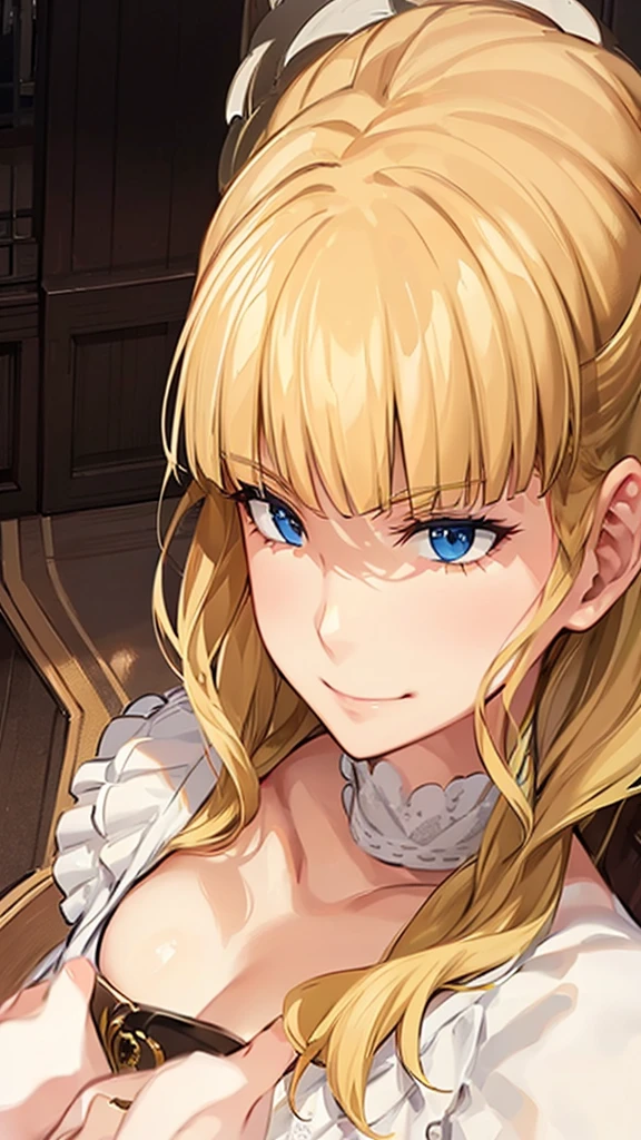 ((fullbody)) A regal blonde woman, clad in a white and yellow dress, stands in a royal chamber at night. Her blue eyes gleam mischievously as she smirks at her reflection in the ornate vanity, a play of light and shadow creating an air of mystery and intrigue.