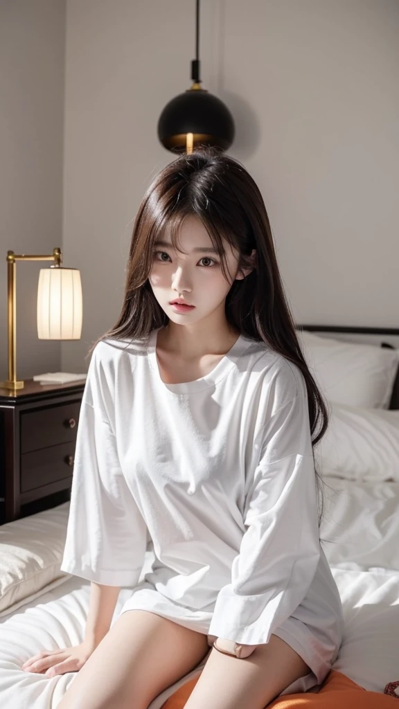 a woman sitting on top of a bed next to a lamp, gorgeous chinese model, beautiful asian woman, jia ruan, beautiful south korean woman, beautiful asian girl, fine white shirt, chinese girl, pengzhen zhang, yang qi, beautiful young korean woman, wenfei ye, white t - shirt, white t-shirt, clothed in white shirt, japanese model
