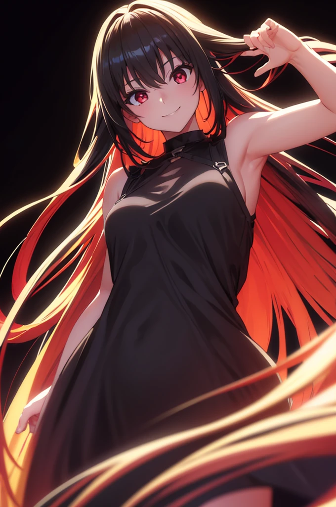 (masterpiece:1.3), (best quality:1.1), (8k, ultra detailed, ultra high res:1.2), ((anime style)), perfect 5 fingers, perfect anatomy,
1girl,
BREAK long hair, (whiet hair:1.2),
red eyes, dress, Opalescent, sundress,
smile,
looking at viewer,
upper body,
standing,
(((black background))),