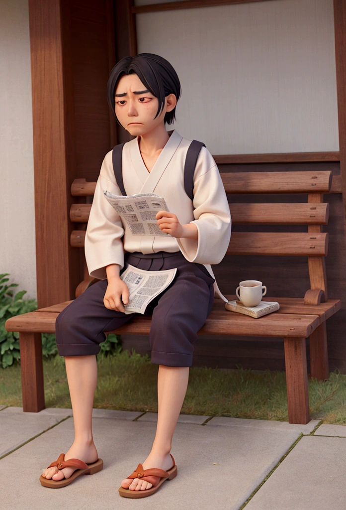 There is a man sitting on a bench reading a newspaper, starving 穿着Work服的艺术家, worn out clothes, worn out, Digital Art - w 0, tired, 穿着脏Work服, spread, looking tired, 穿着Work服的艺术家, wearing a baggy, Looks tired, A posture of despair, (SFW) Work, tired half closed