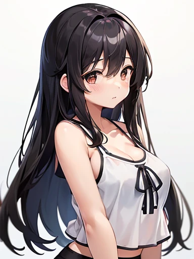 One Girl、As-、Cute Underwear、Upper body portrait、Sleeveless、Long black hair、Brown eyes、Large Breasts、high school student、Cleavage、camisole