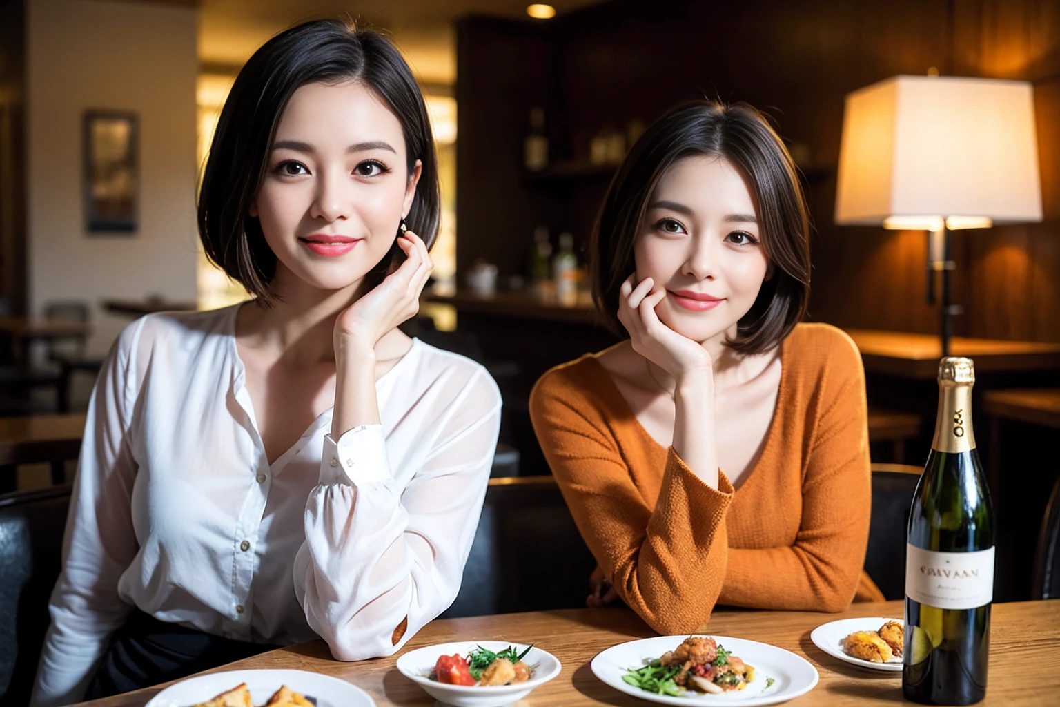 ((Highest quality、8K、masterpiece:1.3))、Shortcuts、cute、slimカップル、modelカップル、actress男優、(Realistic, Intricate details:1.2), full-course dinner、Wine Party、Amazing view of the sunset sky and clouds、A bright smile、short hair,Bright Face、45 years old), 42 years old, red wine 、Appetizers、Italian food、Wine bottle、Champagne、sparkling wine、Two beauties、Brown Hair、Shortcuts、Long sleeve shirt、dress、Beautiful woman 1, (slimな顔), (The body is slim), (Brown Hair), (Shortcuts), cheeks turn a little red,Attractive beauty、restaurant, In a prominent place (From the waist up) Nova Frog Style, actress, model, Upper Body, White wine, slim, wine glass, 中央に置かれたwine glass, smile, (smile: 1.15), Beautiful fine grain, Depth f/2,saturation, High Contrast, Strong light and shadow,Moist Body:1.5、3D texture、Delicate eyes、Brown Hair、The hair is very shiny、