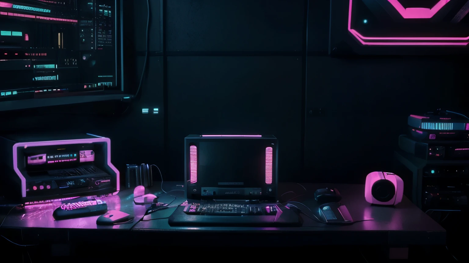Create a Synthwave-inspired image of a computer and some synthesisers placed on the table, headphone, Studio, complex patterned background, synth wave visual
with a dynamic energy that hints at an untold story, only neon lights illuminating the scene. The high quality neon lighting casts cinematic shadows, adding an alluring glow to the 8k image.