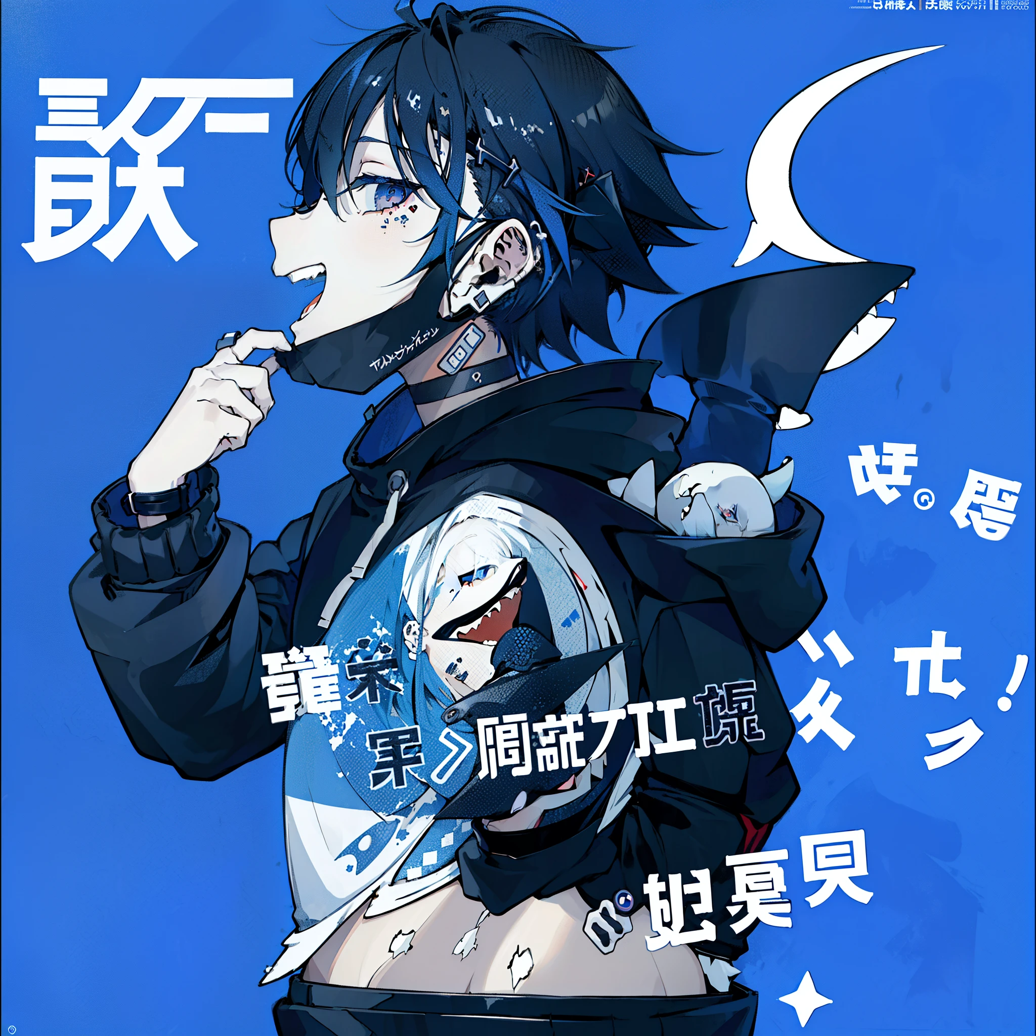 (1boy), (Wearing a blue shark tail hoodie), (boy smiling shark teeth), (Boy Messy Japanese Round Haircut for Thick Hair), (blue nails), (blue hair), black shorts, ((solo)), (magazine:1.3), (cover-style:1.3), simple  simple background, watch, mouth mask, wristwatch, stud earrings, vampire, halftone, mask pull, jirai kei, fangs, score_9, score_8_up, score_7_up, best quality, masterpiece, 4k, perfect lighting, very aesthetic, GOTH GIRL, (red pupils with X shape:1), x-shaped pupils, Ultra-detail,(highres:1.1),best quality,(masterpiece:1.2), cinematic lighting, (detailed face and eyes:1.2), 