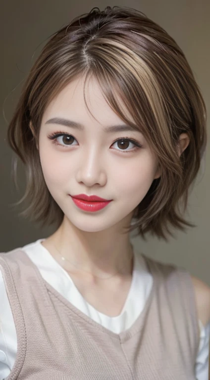 blush a little and smile, (Top quality masterpiece:1.2) Delicate illustrations, Very detailed, /Beautiful Japanese Women、1 person,Very cute and slim、Great style 、((8K images、super high quality))、Very delicate face, Skin and Hair、beautifule forehead、Red lipstick、(((((short hair、Blonde、lure))))),Very cute Japanese cut face、Eyes and nose are clearly visible、Kind eyes,((((Sleeveless fashion))))