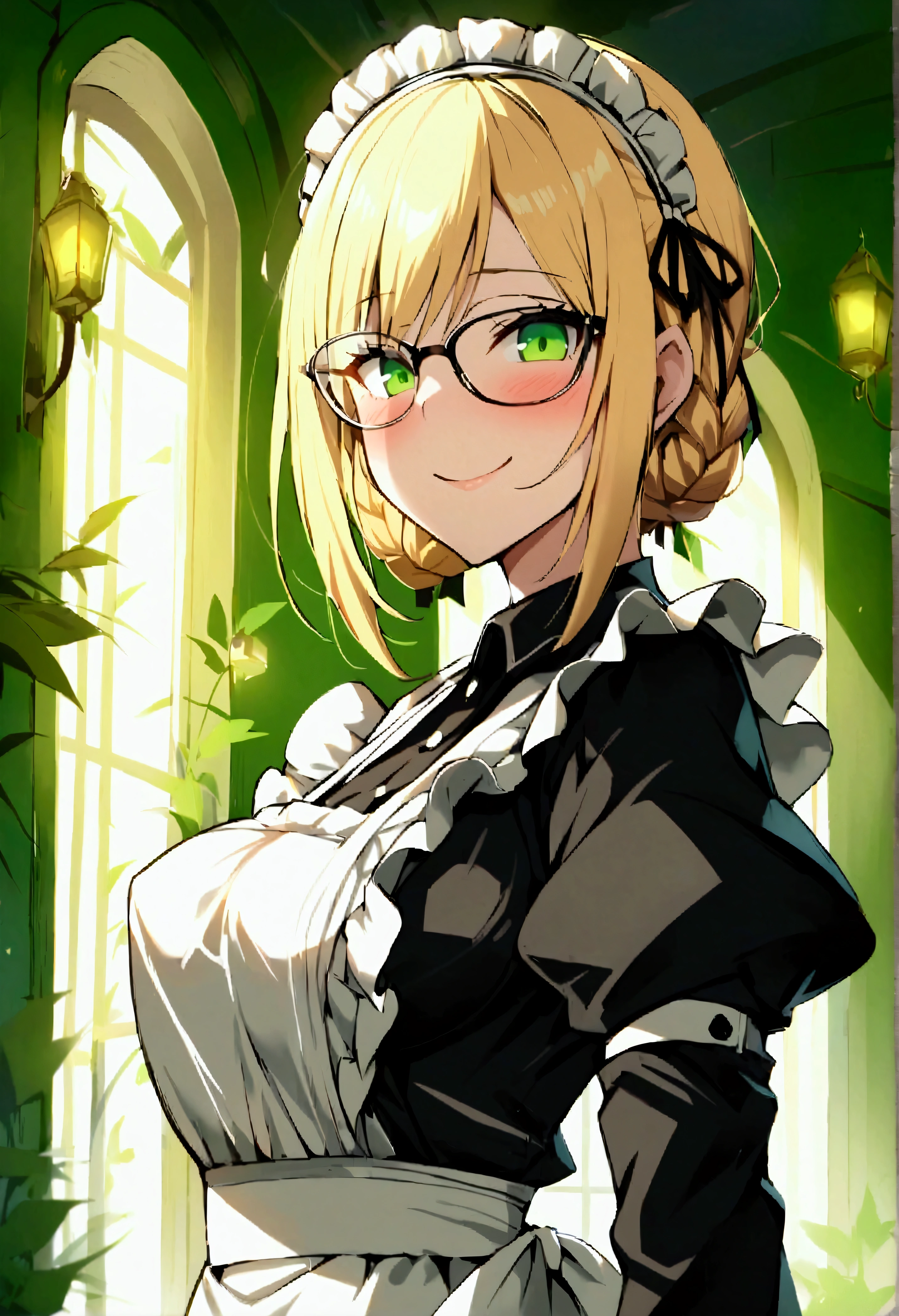 score_9, score_8_up, score_7_up, source_anime BREAK 1girl, solo, standing, ade, green eyes, glasses, blonde hair, bangs, braid, hair bun, maid, maid headdress, white bow, juliet sleeves, puffy sleeves, frills, maid apron, huge breasts, smile, naughty face, blush, looking at viewer