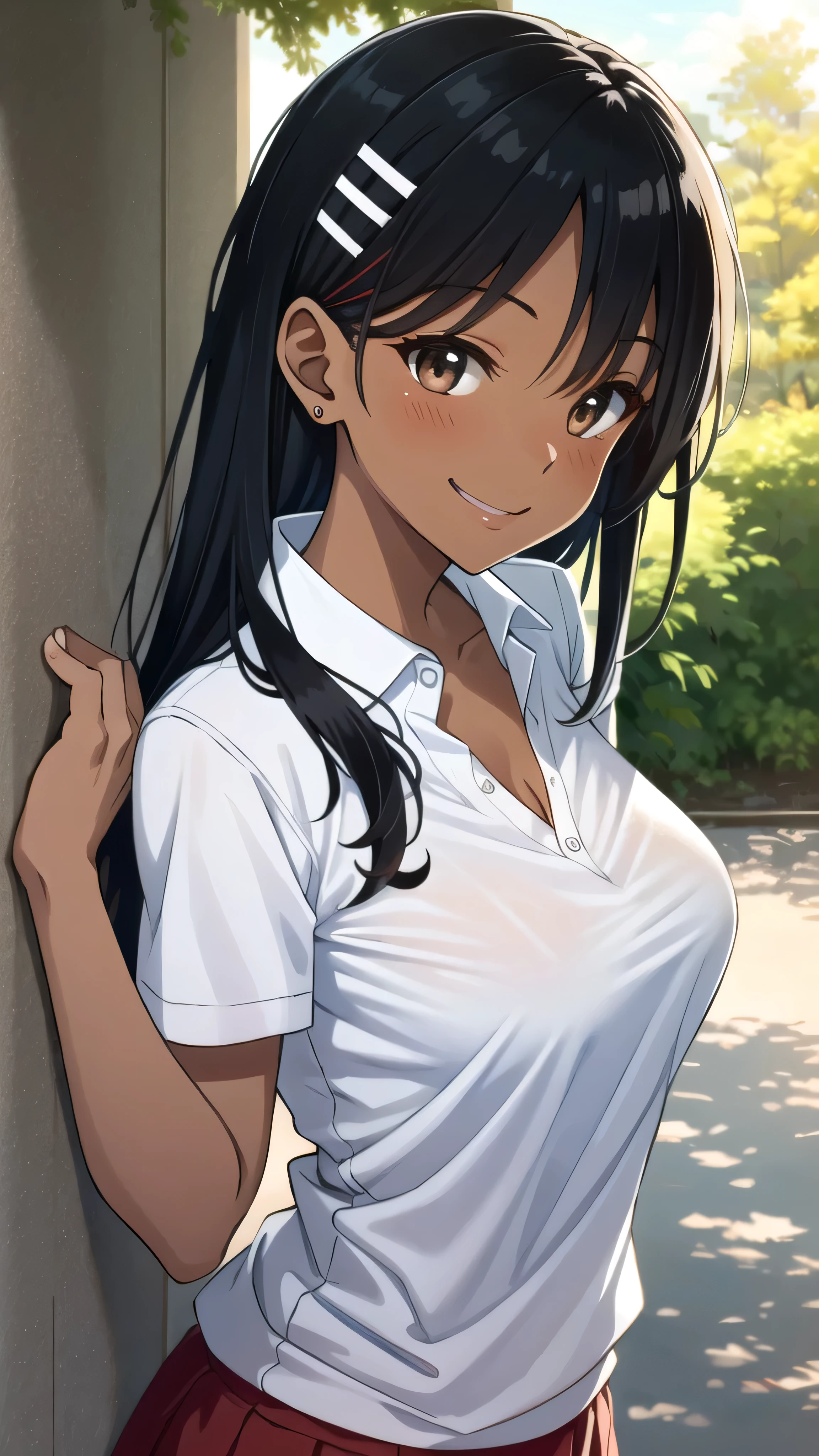 ((best quality)), ((masterpiece)), (details), one girl, sexy ((best quality)), ((masterpiece)), (details), one girl, sexy ((best quality)), ((masterpiece)), (details), one girl, full body, sexy expensive body, expensive, long legs, mature woman, mature, adult, it_nagatoro_main, Hayase Nagatoro, one girl, blushing, alone, uniform polo shirt, short sleeves, black hair,brown eyes, hair accessory, looking at viewer, hair clip, smiling, long hair, dark skinned woman, dark skin, , bangs, daytime, skirt, collared shirt, collarbone, ear clip, mouth closed, tree, asymmetrical bangs, upper body