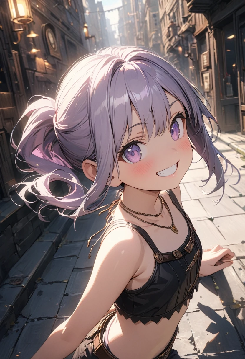 ((Masterpiece)), ((best quality)), (Anime), ((kawaii)), ((extremely detailed)), 4K, (8K), (super detail:1.2), (High Definition:1.3), (Professional Photography:1.2), (wide shot), cinematic lighting, (very aesthetic:1.2), (absurdres:1.2), intricate details, (sharp focus), (perfect light), ((12 years old)), ((1girl)), from side, pale purple hair, cute teenage girl, (grin), (loose ponytail), single elbow glove, ragged short shorts, (cute bikini top), bare arms, (thin necklace), steampunk belt, upper body, potrait, (cute pose on the sidewalk), (steampunk city)