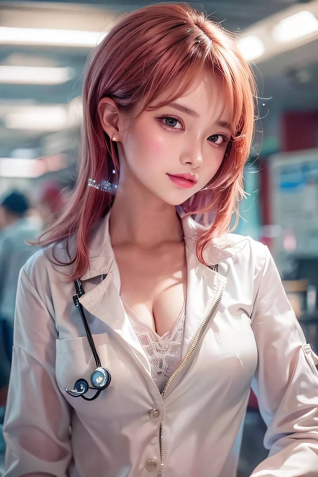 masterpiece, 1 Beautiful girl, Fine grain, highest quality, Ultra High resolution, (reality: 1.4), Cinema Lighting, Beautiful Skin, (Ultra-realistic), (High resolution), (8k), (Very detailed), ( Best illustrations), Pouting slightly, (Crystal colorful lights), Extremely refined and beautiful, beautiful detailed eyes, Round eyes, detailed facial features, (Round pupils:1.4), (alluring face), Smiling lips, (small breasts:1.3), A shallow smile, Open lips, (Beautiful and detailed face, Beautiful and delicate eyes), pink cheek, mascara, red hair, short hair, (cleavage:1.3), Exposed thighs, Beautiful thighs, Showing off thighs, ((Women Scientist)), (PhD), ((white Long lab coat)), (black mini skirt), (Research room, laboratory, graduate School), id card, stethoscope, sitting, cross legs,