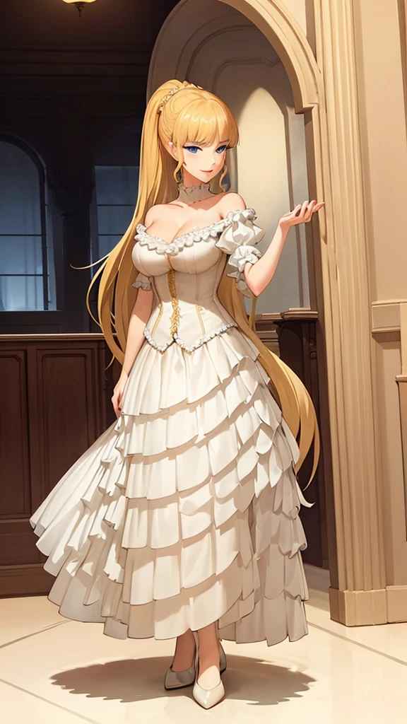 ((fullbody)) A regal blonde woman, clad in a white and yellow dress, stands in a royal chamber at night. Her blue eyes gleam mischievously as she smirks at her reflection in the ornate vanity, a play of light and shadow creating an air of mystery and intrigue.