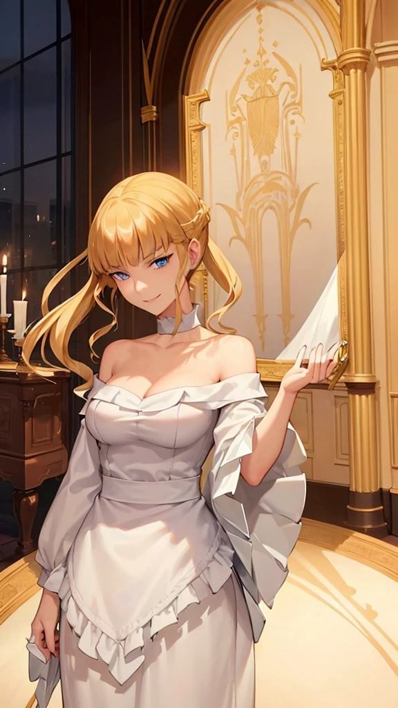 ((fullbody)) A regal blonde woman, clad in a white and yellow dress, stands in a royal chamber at night. Her blue eyes gleam mischievously as she smirks at her reflection in the ornate vanity, a play of light and shadow creating an air of mystery and intrigue.