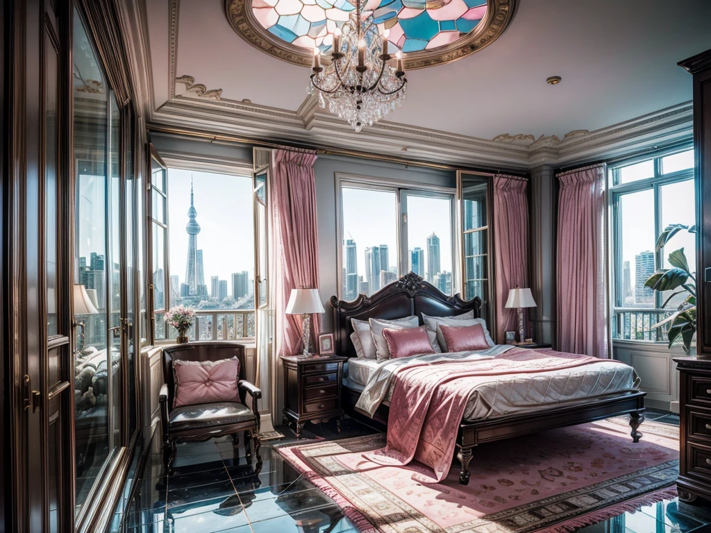 8K HD，9：16 vertical pictures，vertical picture，Glass House，Glass House，Large floor-to-ceiling windows，There is a pink bed in the room，curtain，TV set，bookshelf。The wall is glass window， The most important thing in the room is a big bed，The window is the villa garden，City skyscrapers