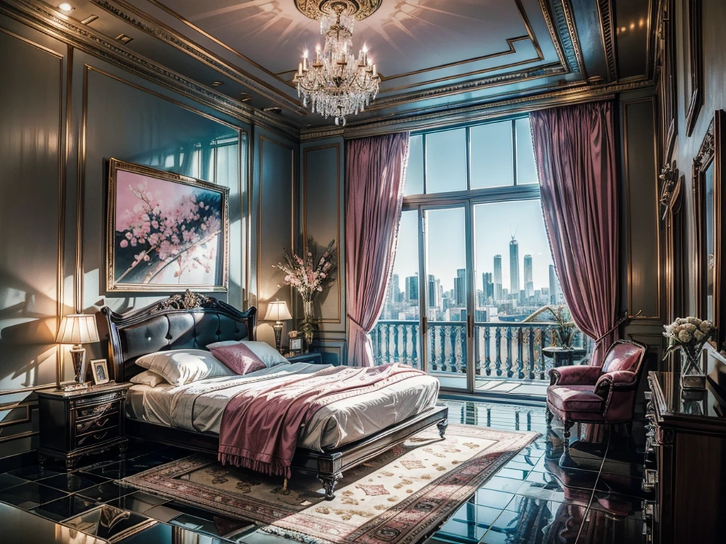 8K HD,9:16 vertical pictures,vertical picture,Glass House,Glass House,Large floor-to-ceiling windows,There is a pink bed in the room,curtain,TV set,bookshelf。The wall is glass window, The most important thing in the room is a big bed,The window is the villa garden,City skyscrapers