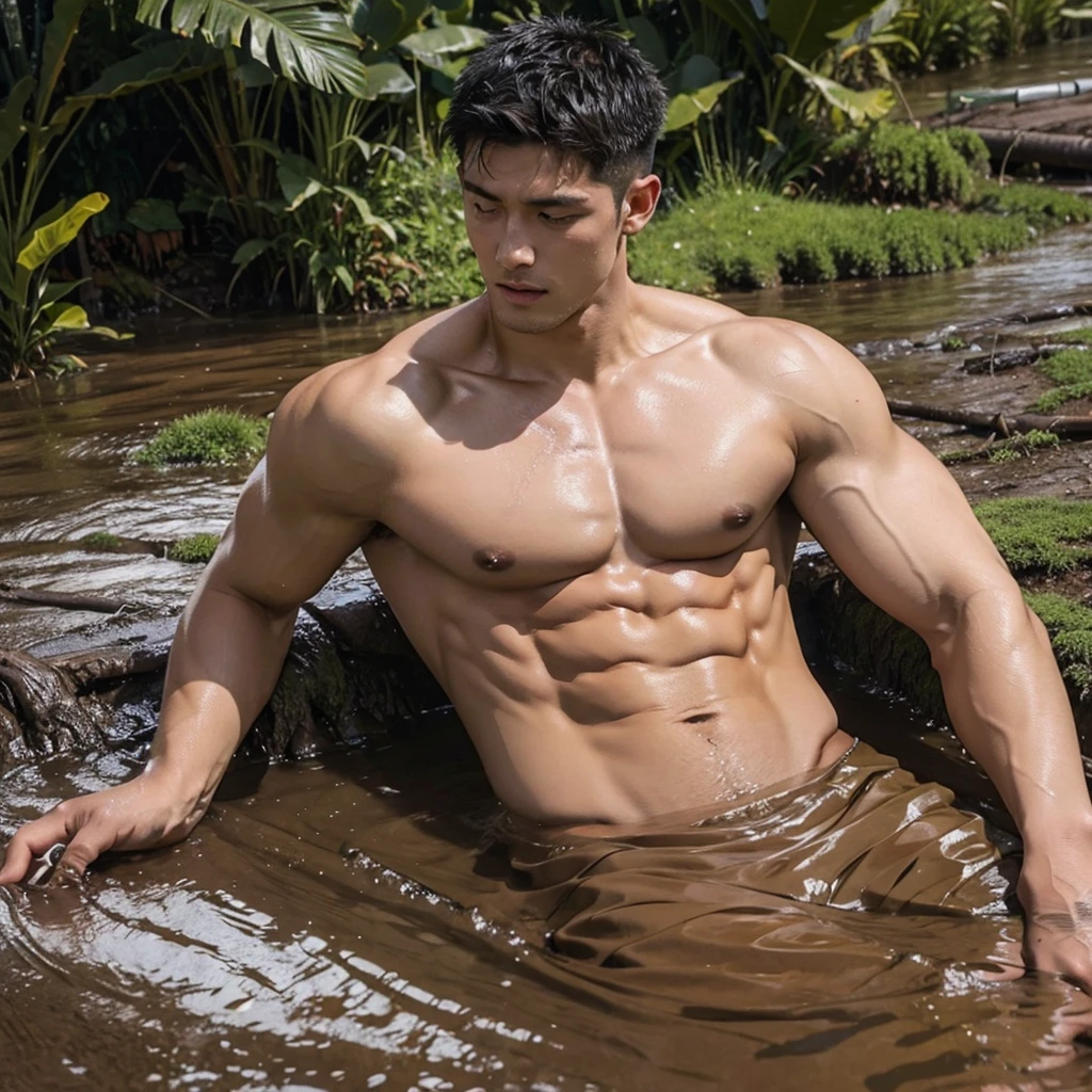 photorealistic,shirtless muscular man, wet body, sinks into a mud pit partially, 