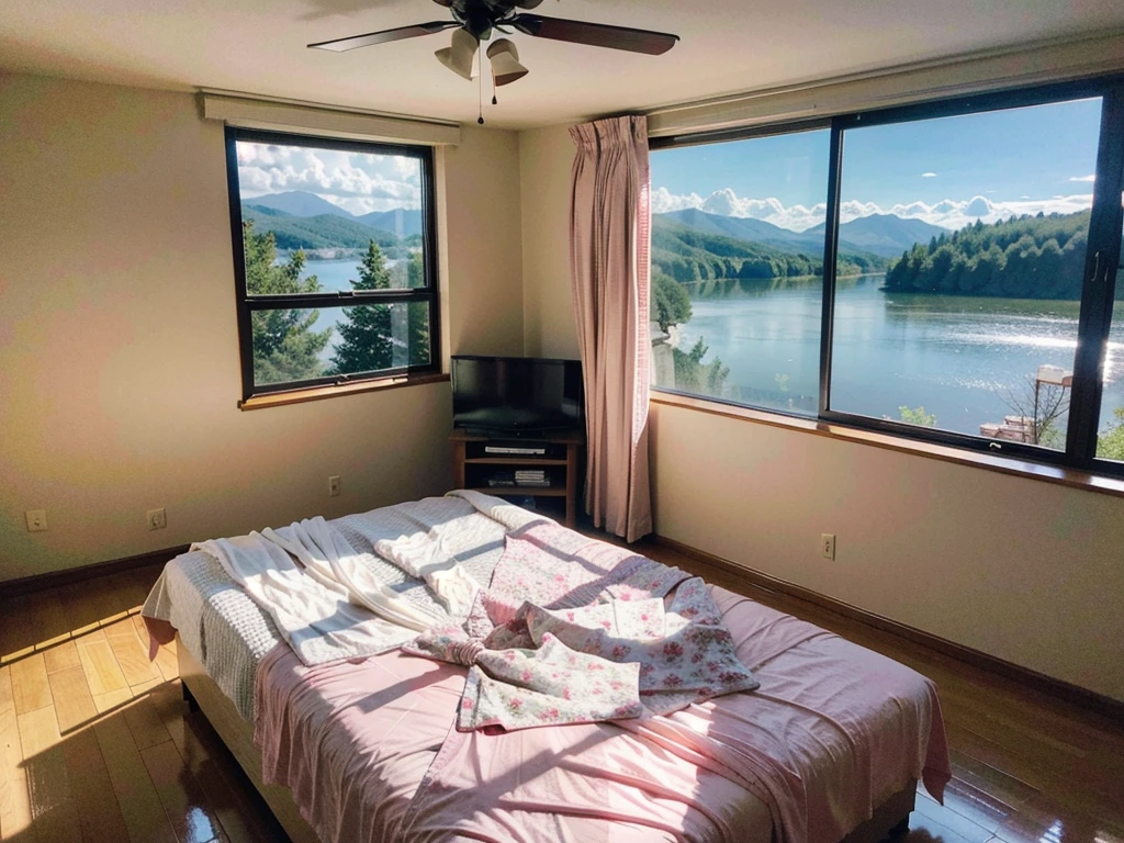8K HD，9:16 size pictures，Glass House，Glass House，Large floor-to-ceiling windows，There is a pink bed in the room，curtain，TV set，bookshelf。The wall is glass window， The most important thing in the room is a big bed，The river outside the window, Lakes and lakes.Ice on the water，winter，Outside the window is the city&#39;s high-rise buildings and street scenes
