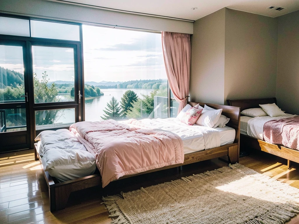 8K HD，9:16 size pictures，Glass House，Glass House，Large floor-to-ceiling windows，There is a pink bed in the room，curtain，TV set，bookshelf。The wall is glass window， The most important thing in the room is a big bed，The river outside the window, Lakes and lakes.Ice on the water，winter，Outside the window is the city&#39;s high-rise buildings and street scenes