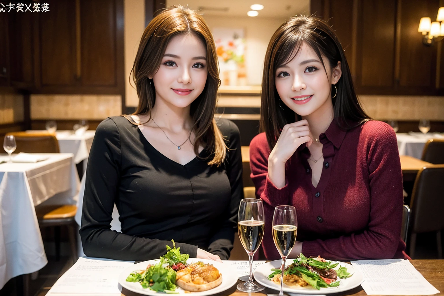 ((Highest quality、8K、masterpiece:1.3))、Shortcuts、cute、slimカップル、modelカップル、actress男優、(Realistic, Intricate details:1.2), full-course dinner、Wine Party、Amazing view of the sunset sky and clouds、A bright smile、short hair,Bright Face、 (Age 45), 42 years old, red wine 、Appetizers、Italian food、Wine bottle、Champagne、sparkling wine、Two beauties、Brown Hair、Shortcuts、Long sleeve shirt、dress、Beautiful woman 1, (slimな顔), (The body is slim), (Brown Hair), (Shortcuts), cheeks turn a little red,Attractive beauty、restaurant, In a prominent place (From the waist up) Nova Frog Style, actress, model, Upper Body, White wine, slim, wine glass, 中央に置かれたwine glass, smile, (smile: 1.15), Beautiful fine grain, Depth f/2,saturation, High Contrast, Strong light and shadow,Moist Body:1.5、3D texture、Delicate eyes、Brown Hair、The hair is very shiny、