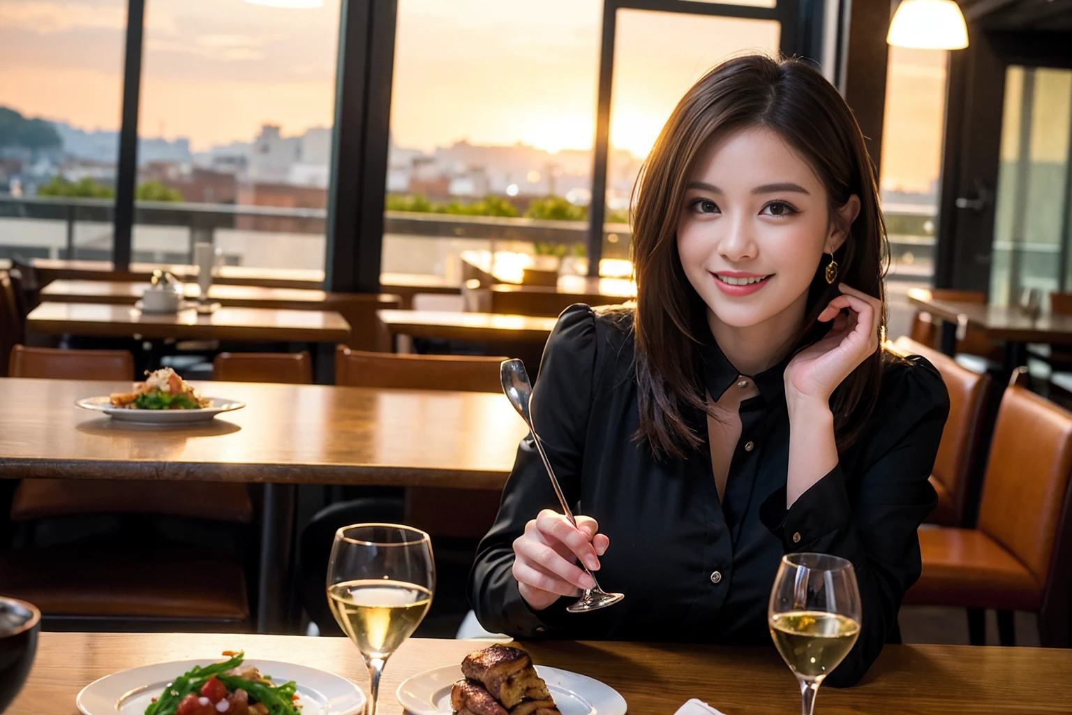 ((Highest quality、8K、masterpiece:1.3))、Shortcuts、cute、slimカップル、modelカップル、actress??、(Realistic, Intricate details:1.2), full-course dinner、Wine Party、Amazing view of the sunset sky and clouds、A bright smile、short hair,Bright Face、 (Age 45), 42 years old, red wine 、Appetizers、Italian food、Wine bottle、Champagne、sparkling wine、Two beauties、Brown Hair、Shortcuts、Long sleeve shirt、dress、Beautiful woman 1, (slimな顔), (The body is slim), (Brown Hair), (Shortcuts), cheeks turn a little red,Attractive beauty、restaurant, In a prominent place (From the waist up) Nova Frog Style, actress, model, Upper Body, White wine, slim, wine glass, 中央に置かれたwine glass, smile, (smile: 1.15), Beautiful fine grain, Depth f/2,saturation, High Contrast, Strong light and shadow,Moist Body:1.5、3D texture、Delicate eyes、Brown Hair、The hair is very shiny、