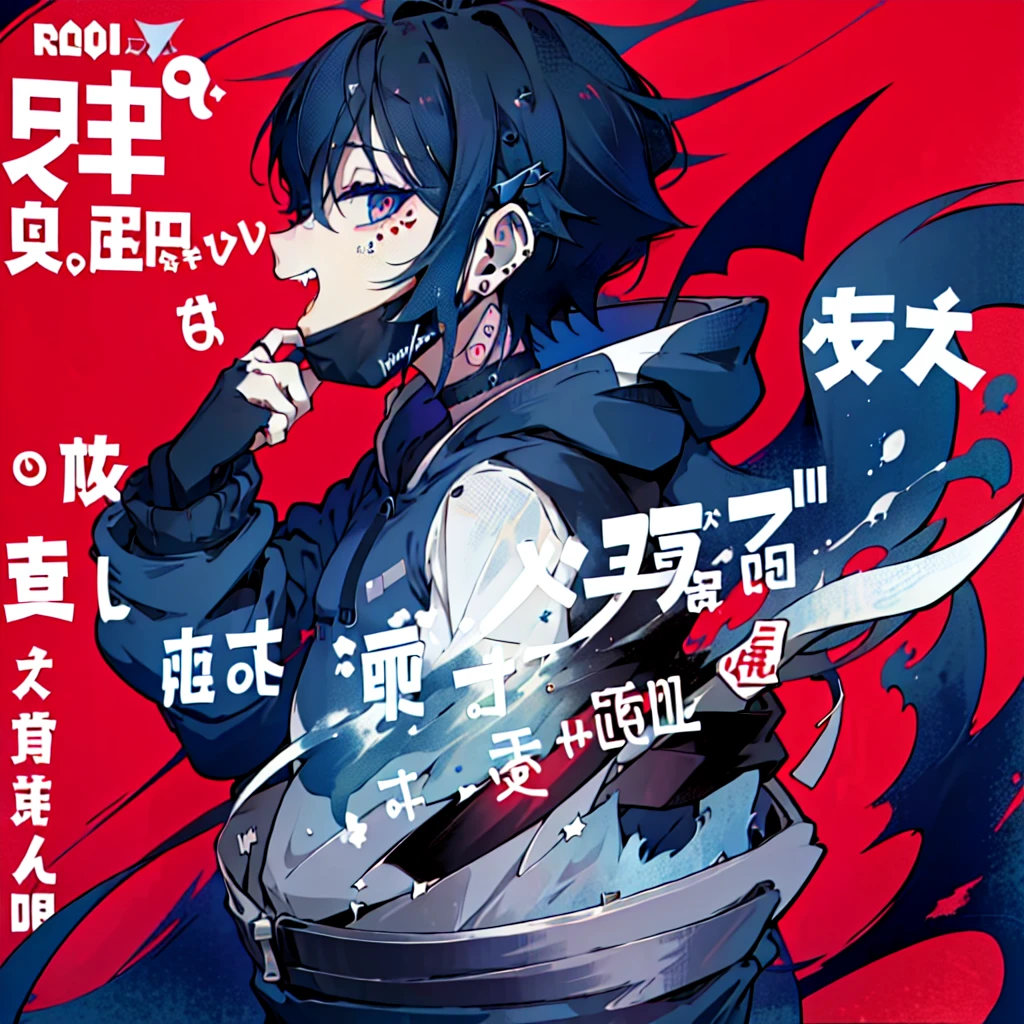 (1boy), (Wearing a blue shark tail hoodie), (Boy Messy Japanese Round Haircut for Thick Hair), (blue nails), (blue hair), black shorts, ((solo)), (magazine:1.3), (cover-style:1.3),  simple background, watch, mouth mask, wristwatch, stud earrings, vampire, halftone, mask pull, jirai kei, fangs, score_9, score_8_up, score_7_up, best quality, masterpiece, 4k, perfect lighting, very aesthetic, GOTH GIRL, (red pupils with X shape:1), x-shaped pupils, Ultra-detail,(highres:1.1),best quality,(masterpiece:1.2), cinematic lighting, (detailed face and eyes:1.2), 