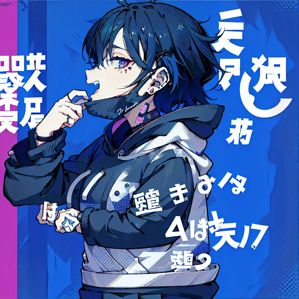 (1boy), (Wearing a blue shark tail hoodie), (Boy Messy Japanese Round Haircut for Thick Hair), (blue nails), (blue hair), black shorts, ((solo)), (magazine:1.3), (cover-style:1.3), simple background, watch, mouth mask, wristwatch, stud earrings, vampire, halftone, mask pull, jirai kei, fangs, score_9, score_8_up, score_7_up, best quality, masterpiece, 4k, perfect lighting, very aesthetic, GOTH GIRL, (red pupils with X shape:1), x-shaped pupils, Ultra-detail,(highres:1.1),best quality,(masterpiece:1.2), cinematic lighting, (detailed face and eyes:1.2),