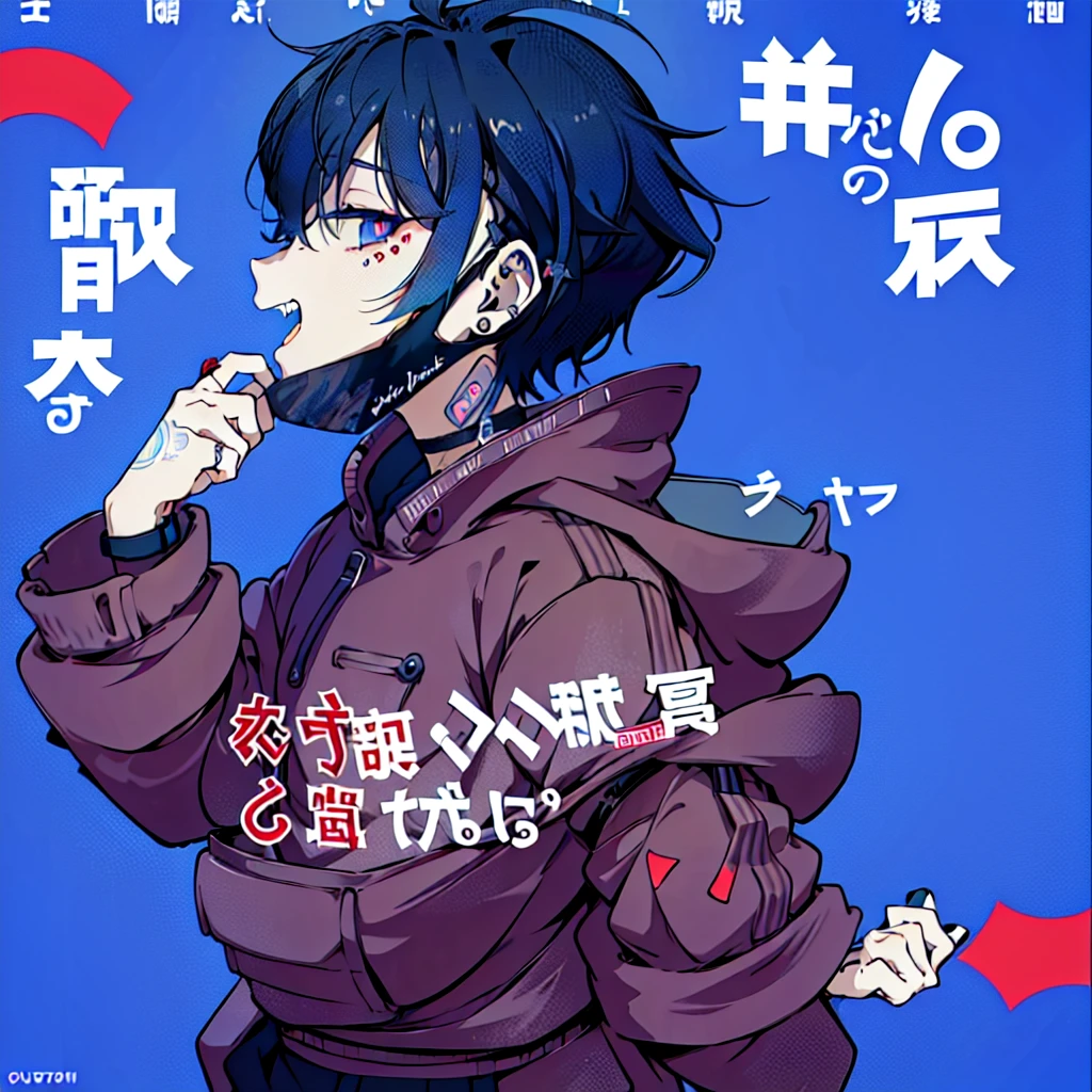 (1boy), (Wearing a blue shark tail hoodie), (Boy Messy Japanese Round Haircut for Thick Hair), (blue nails), (blue hair), black shorts, ((solo)), (magazine:1.3), (cover-style:1.3),  simple background, watch, mouth mask, wristwatch, stud earrings, vampire, halftone, mask pull, jirai kei, fangs, score_9, score_8_up, score_7_up, best quality, masterpiece, 4k, perfect lighting, very aesthetic, GOTH GIRL, (red pupils with X shape:1), x-shaped pupils, Ultra-detail,(highres:1.1),best quality,(masterpiece:1.2), cinematic lighting, (detailed face and eyes:1.2), 