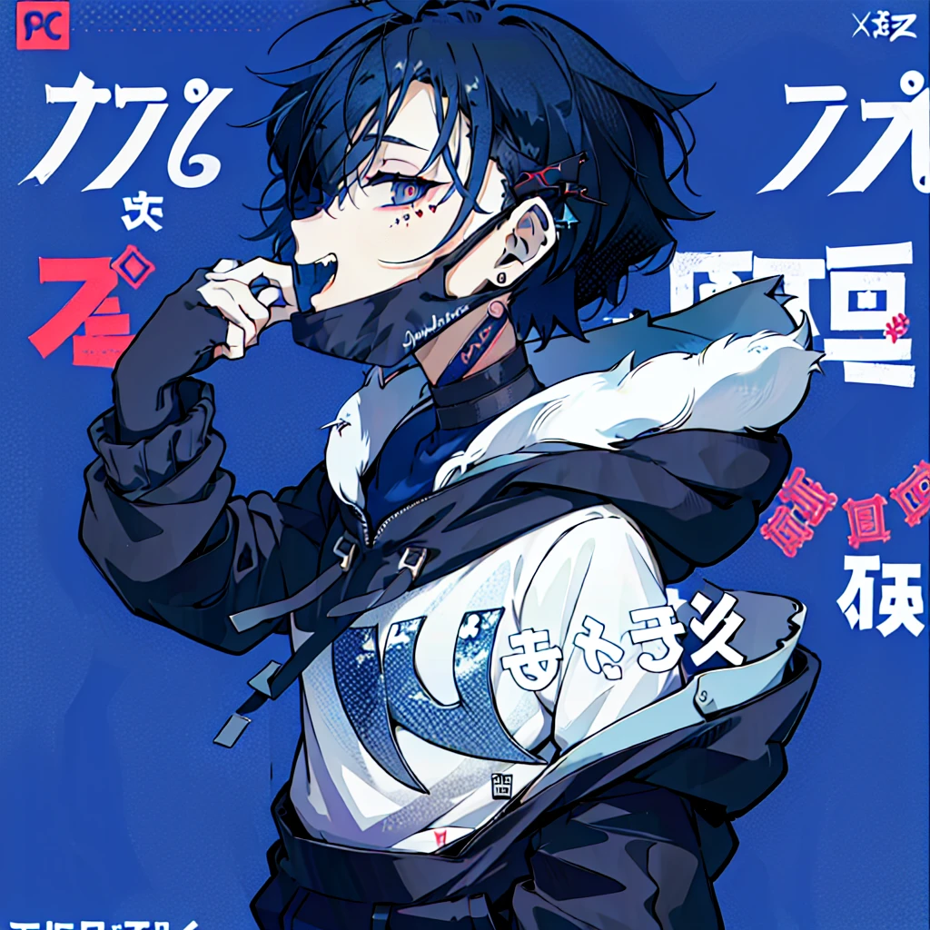 (1boy), (Wearing a blue shark tail hoodie), (Boy Messy Japanese Round Haircut for Thick Hair), (blue nails), (blue hair), black shorts, ((solo)), (magazine:1.3), (cover-style:1.3), simple background, watch, mouth mask, wristwatch, stud earrings, vampire, halftone, mask pull, jirai kei, fangs, score_9, score_8_up, score_7_up, best quality, masterpiece, 4k, perfect lighting, very aesthetic, GOTH GIRL, (red pupils with X shape:1), x-shaped pupils, Ultra-detail,(highres:1.1),best quality,(masterpiece:1.2), cinematic lighting, (detailed face and eyes:1.2),