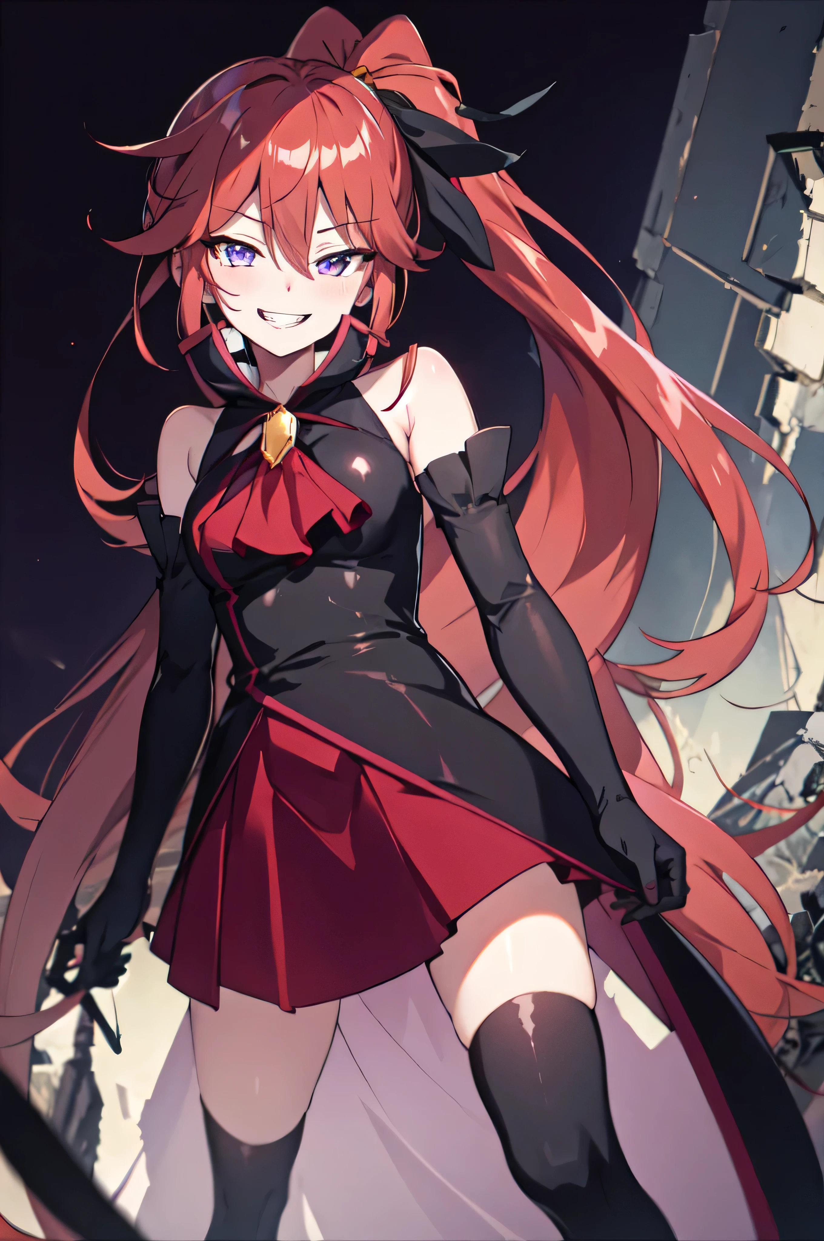 Highest quality, masterpiece, One Girl,Not beautiful, Red Ponytail, Long dress, brooch, Hair Ribbon, - Elbow hand pockets, Black knee socks, Standing on the rubble,  (Wicked Smile:1.1), ,,Dark shadowed face,Sadistic smile,Malice,Contempt,smile,latex,Bad face,,Red Skirt,two hands,two legs,five fingers,black and purple background,



