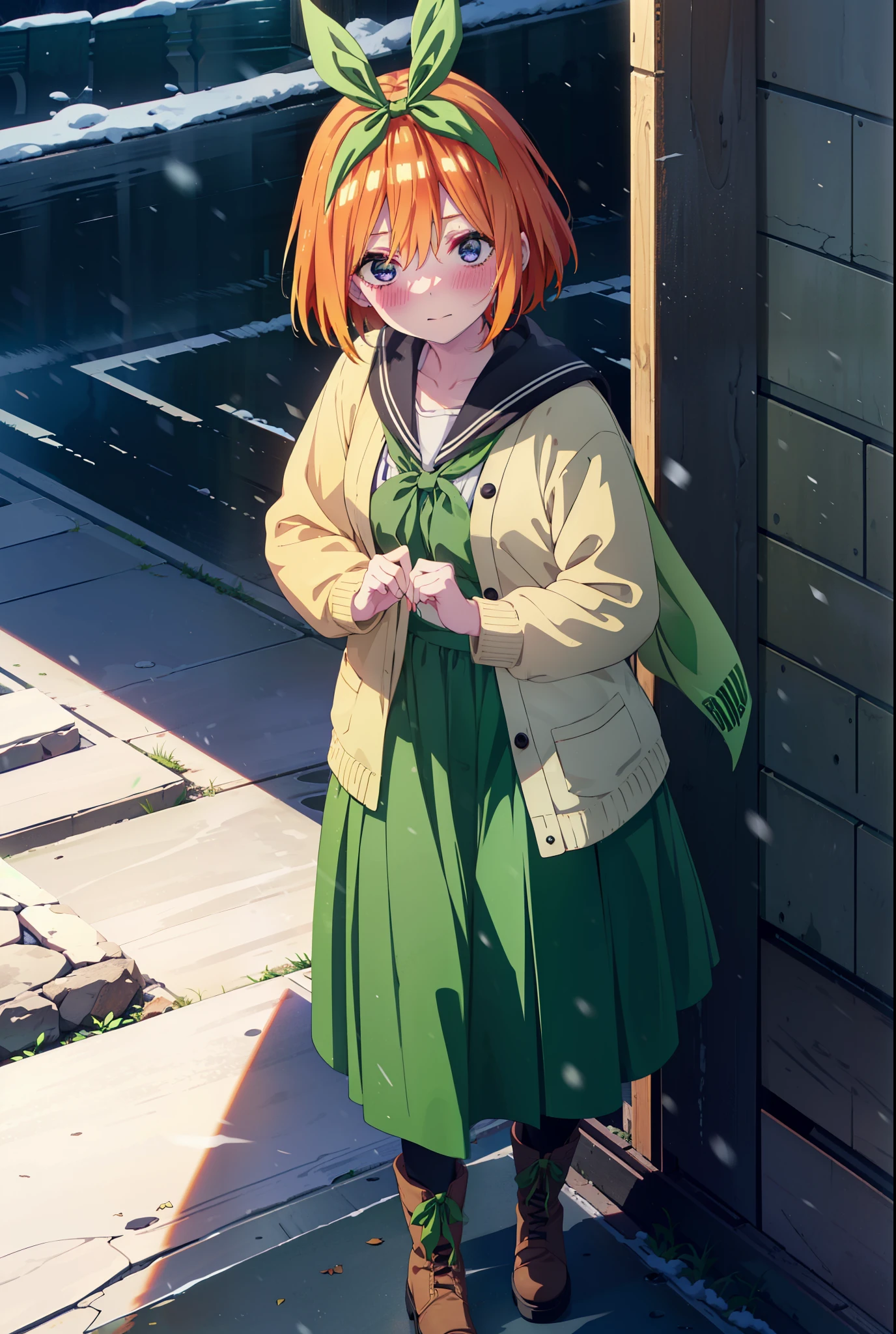 Yotsubanakano, Yotsuba Nakano, bangs, short hair, blue eyes, Hair between the eyes, hair ribbon, hair band, Orange Hair, (Green ribbon:1.5), smile, Hair between the eyes,blush, Open your mouth,White Breath,scarf,Green neck long coat,V-neck sweater,Long skirt,Black Pantyhose,short boots,Standing leaning against a wall,Snow is piling up,that&#39;it&#39;s snowing,whole bodyがイラスト入るように,Hiding in a roofed building,
break outdoors, construction area,
break looking at viewer, whole body,
break (masterpiece:1.2), Highest quality, High resolution, unity 8k wallpaper, (shape:0.8), (Beautiful attention to detail:1.6), Highly detailed face, Perfect lighting, Extremely detailed CG, (Perfect hands, Perfect Anatomy),