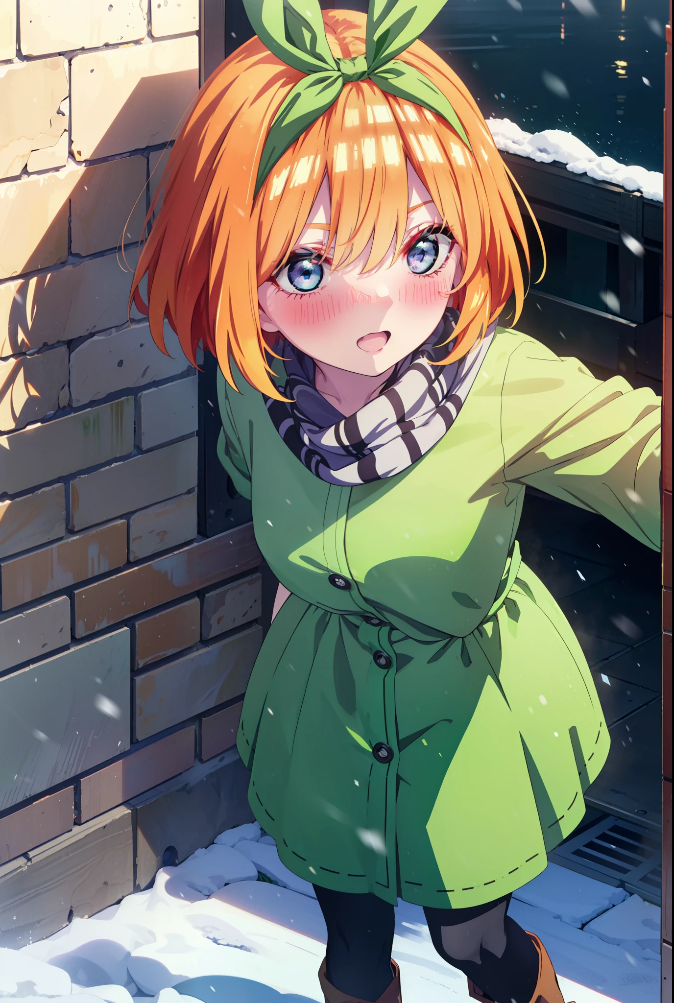Yotsubanakano, Yotsuba Nakano, bangs, short hair, blue eyes, Hair between the eyes, hair ribbon, hair band, Orange Hair, (Green ribbon:1.5), smile, Hair between the eyes,blush, Open your mouth,White Breath,scarf,Green neck long coat,V-neck sweater,Long skirt,Black Pantyhose,short boots,Standing leaning against a wall,Snow is piling up,that'it's snowing,whole bodyがイラスト入るように,Hiding in a roofed building,
break outdoors, construction area,
break looking at viewer, whole body,
break (masterpiece:1.2), Highest quality, High resolution, unity 8k wallpaper, (shape:0.8), (Beautiful attention to detail:1.6), Highly detailed face, Perfect lighting, Extremely detailed CG, (Perfect hands, Perfect Anatomy),