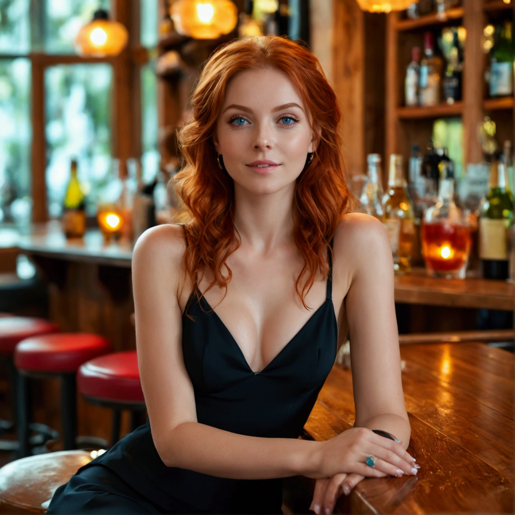 red-haired model with (light blue eyes), sitting on a wall, at the Mallorca stand. In front of the wall is a pedestrian path, behind the wall, what she is sitting on, is the bright stand, Beach chairs and the sea. The more is light blue and there are 3 waves coming towards the stand. She sits on the wall, you can see the butt, the legs are slightly raised, one hand is in her hair and with the other hand she clings to the wall, elegant. The red hair falls elegantly down, over the shoulders, She has a beautiful smile. She has a tail panties on, Bikini bottoms and a black bra. She looks directly into the camera, Twill is visible, flawless skin, flawless hands, natural face, detailed face, detailed hair, detailed hands, detailed feet, feminine figure, photorealestic, professional color grading, Hyperdetailed, hyper-realistic, small focal length, bright blue eyes. Photo 480 x 768