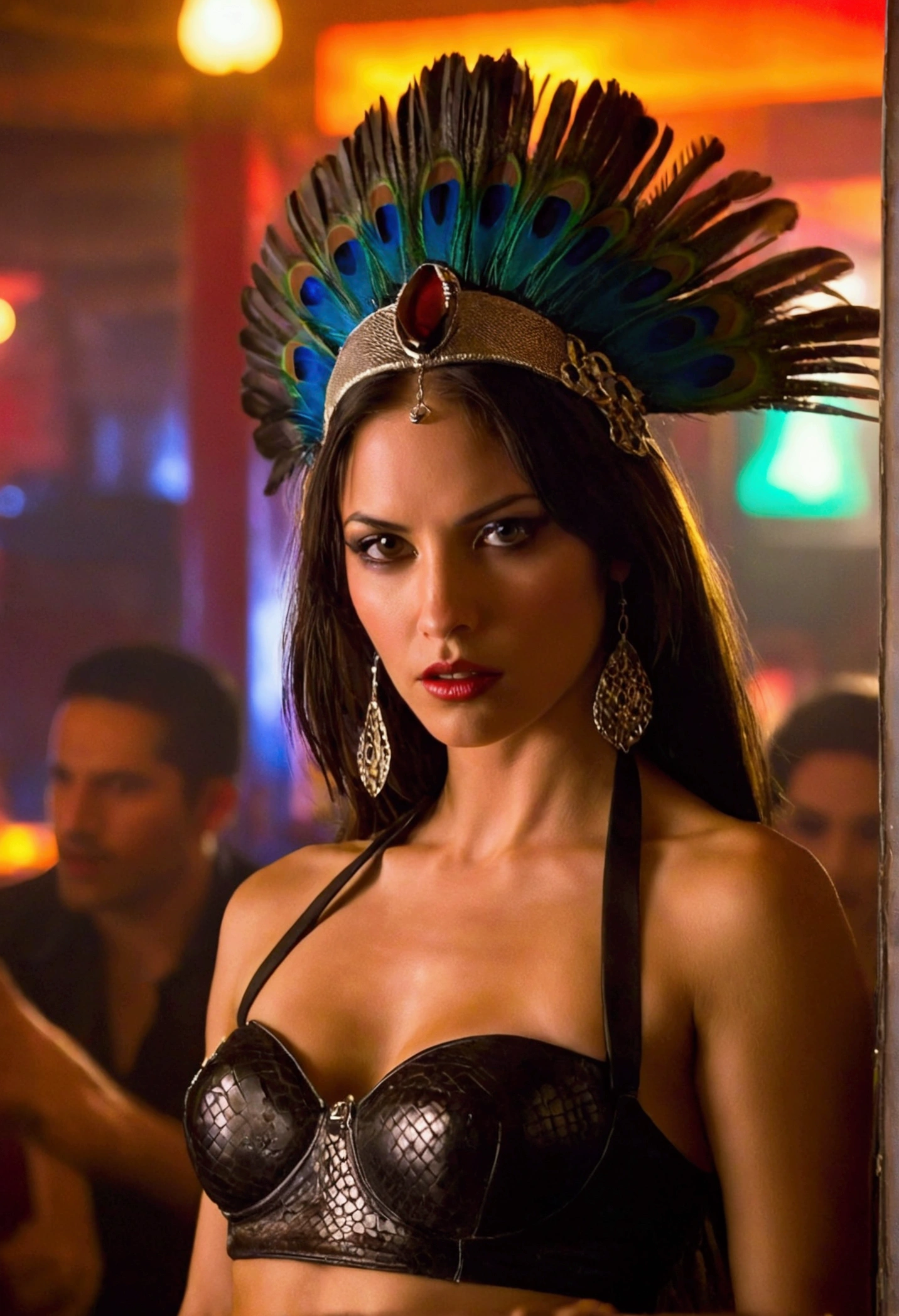 "Vibrant and intense scene from the film "From Dusk Till Dawn" featuring Santanico Pandemonium's seductive dance in a biker bar. The color palette is dominated by rich, warm hues, reflecting the neon lights and rustic decor of the bar. Santanico, a vampire woman, is adorned with a python draped over her shoulders and a peacock feather headdress, adding an exotic and alluring touch to her outfit. Her expression is a mix of allure and danger, her eyes glowing with an otherworldly light. The background is a blur of motion and color, highlighting the wild energy of the bar. The lighting is dim and smoky, adding to the sense of mystery and suspense. The atmosphere is charged with tension and desire, as Santanico's hypnotic dance captivates both the characters and the audience."