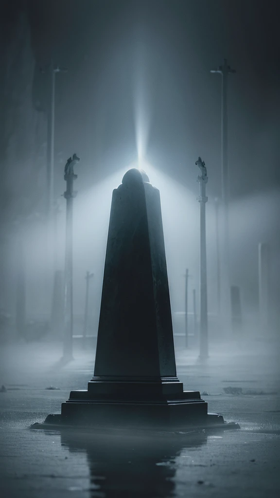 Design a hauntingly beautiful artwork featuring a mist-filled graveyard against an abstract background of light, a ghostlystyle 1girl floating figure, translucent form and ethereal presence, solo, detailed glowing eyes, dark eerie lighting effects casting long shadows across ancient tombstones, emphasize themes of solitude and melancholy and the supernatural to create an atmospheric mood that captures the essence of Halloween, abstract lighting source, trending on ArtStation, showcase its unique blend of styles and themes, 
 