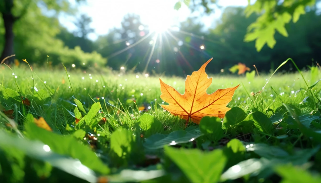 there is a leaf that is sitting on the grass, magical leafs falling, nature documentry footage, youtube video screenshot, today's featured photography 4k,summer turkel, nature photography 4k, 8月, cinematic widescreen shot, leaves and magic, high quality screenshot, 2 0 2 1 cinematic 4 k framegrab, wide screenshot
