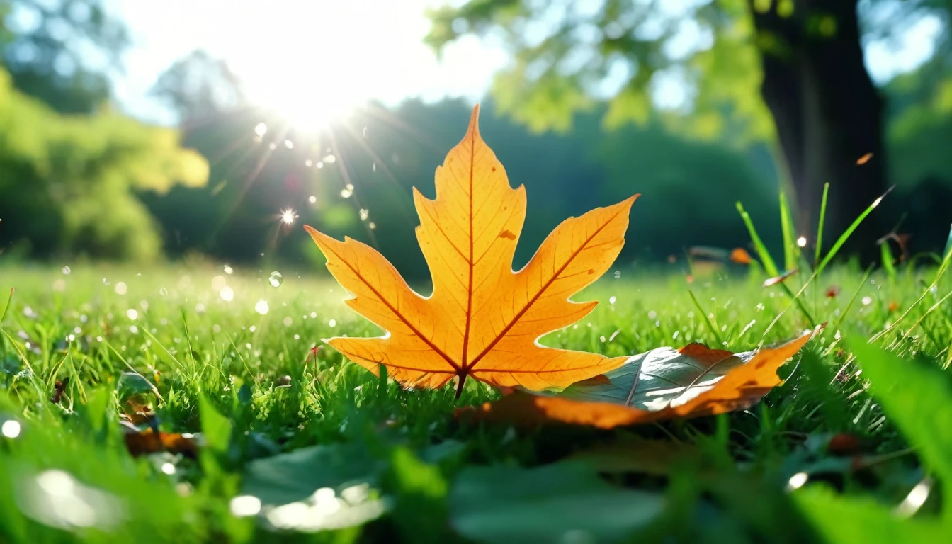 there is a leaf that is sitting on the grass, magical leafs falling, nature documentry footage, youtube video screenshot, today's featured photography 4k,summer turkel, nature photography 4k, 8月, cinematic widescreen shot, leaves and magic, high quality screenshot, 2 0 2 1 cinematic 4 k framegrab, wide screenshot