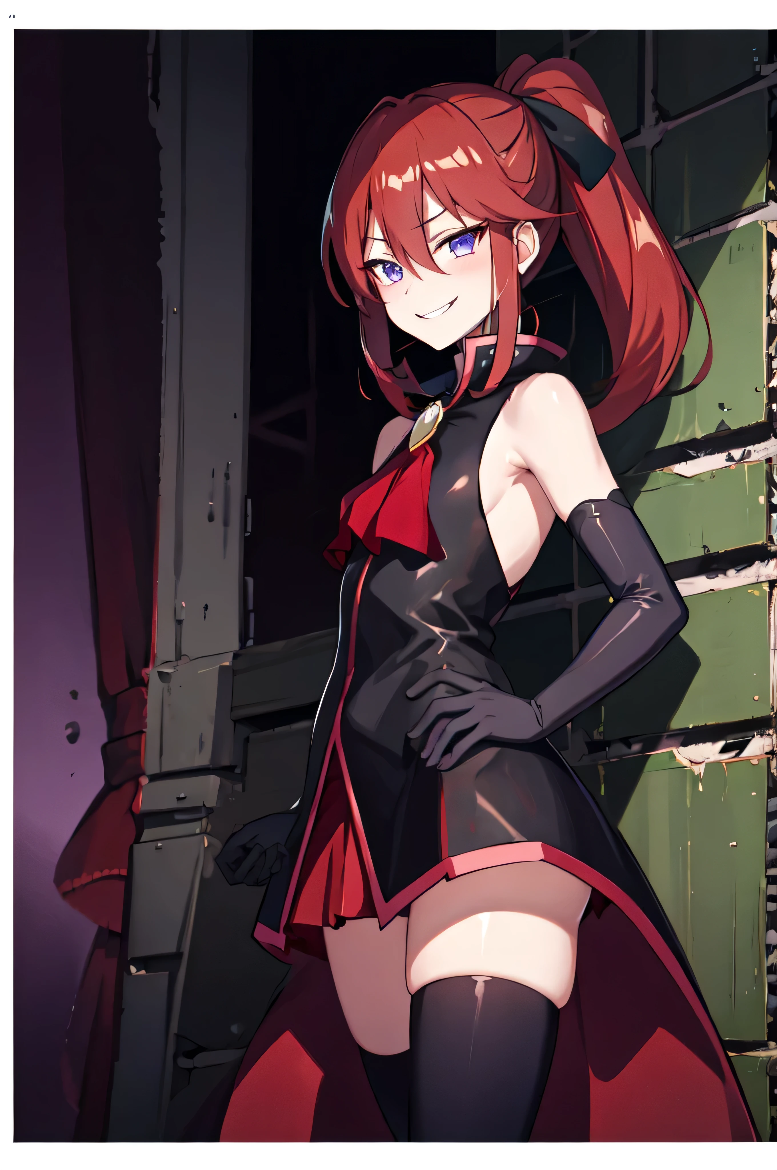 Highest quality, masterpiece, One Girl,Not beautiful, Red Ponytail, Long dress, brooch, Hair Ribbon, - Elbow hand pockets, Black knee socks, Standing on the rubble,  (Wicked Smile:1.1), ,,Dark shadowed face,Sadistic smile,Malice,Contempt,smile,latex,Bad face,,Red Skirt,two hands,two legs,five fingers,black and purple background,elbow gloves,


