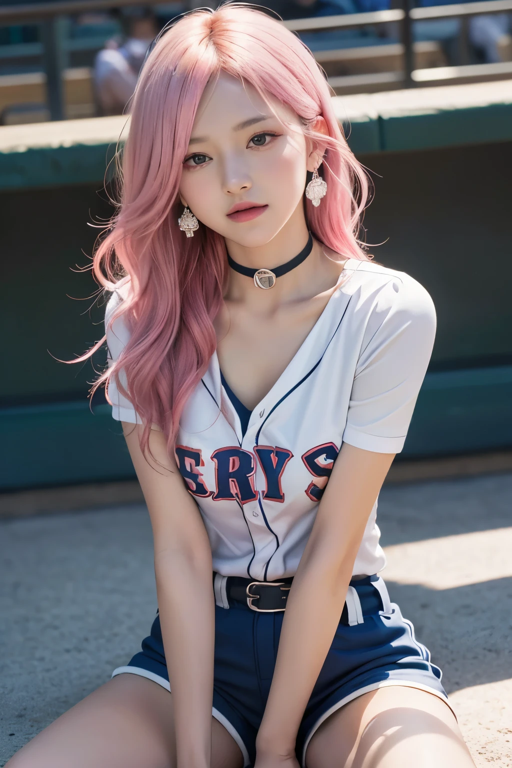 (8K, top-quality, masterpiece:1.2), (reallistic, Photorealsitic:1.37), Super Detail, One girl,), (Highly detailed), (beautifully detailed eyes), (of the highest quality), (super detailed ), (masterpiece), (Detailed face),20yr old, ,1 girl, ((pink hair,long hair)), medium breasts, clothed, Perfect Lighting, BREAK, (glossy uniform:1.3), (glossy:1.3), royal blue, red stripes, (short sleeve top:1.2), V-neck, white trim, (baseball gloves:1.1), choker, diamond stud earrings, (satiny fabric:1.2), linen, (high waist shorts:1.1), red sports socks, baseball spikes, BRAKE, (bust up photo:1.2), long pink hair, wavy, (voluminous hair:1.1), (cute expression:1.3), tilted head, (sexy:1.2), face turned slightly, chest touching pose, hands on chest, one leg forward, (baseball stadium lights:1.1), brown and green background, spotlight effect, (shadowy:1.1), BRAKE