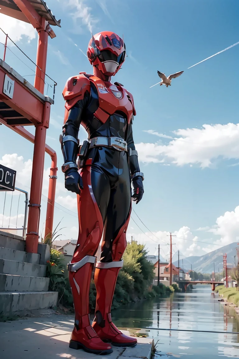 The sunset flies with the lonely geese in the distance, and the autumn river water and the vast sky are connected, icons,1boy, full body, Illustration, cinematic light, high resolution, best quality, ultra detailed, masterpiece, power suit, powerranger, suit, spd, (silver ranger suit), gold detail