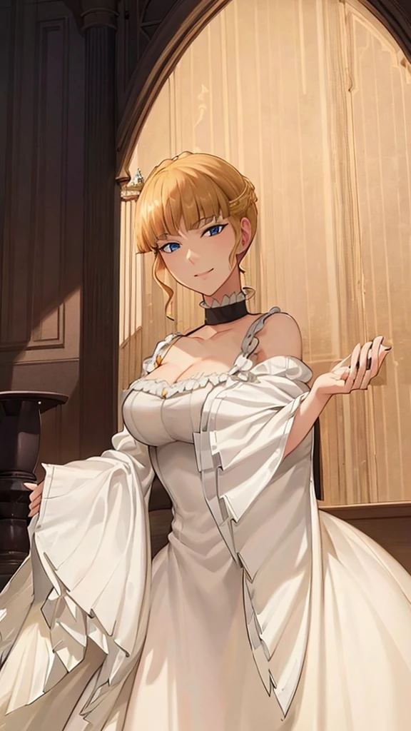 ((fullbody)) A regal blonde woman, clad in a white and yellow dress, stands in a royal chamber at night. Her blue eyes gleam mischievously as she smirks at her reflection in the ornate vanity, a play of light and shadow creating an air of mystery and intrigue.